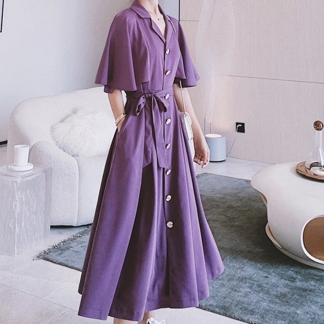 No 602 レディース Vネック ドレープ ロングワンピース リボン フレア 上品 フェミニン 可愛い おしゃれ 韓国ファッション 韓国のプチプラレディース 子供服ショップ Sourire