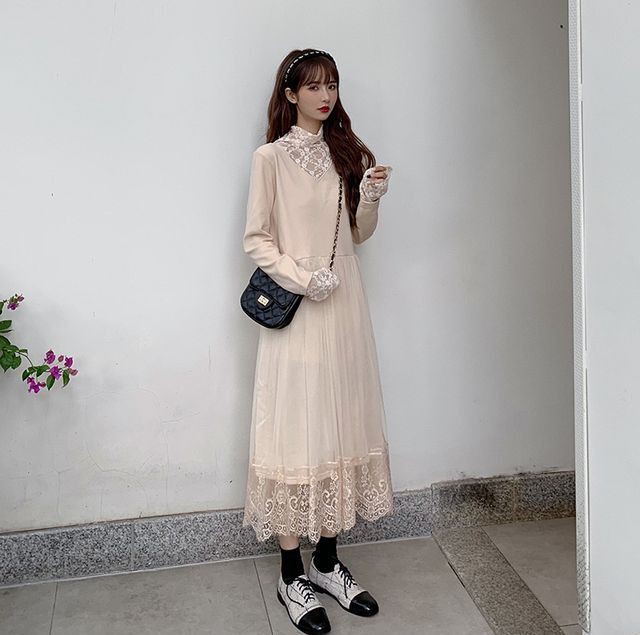 レディース ワンピース 秋冬 長袖 ハイネックチュールレースワンピース 裾レース ミモレ丈 透け感 シースルー マキシロング丈 フェミニン ガーリー 大人ガーリー 大人カジュアル カジュアル 秋 冬 ブラック ライトベージュ フリーサイズ Ukiukionepicec