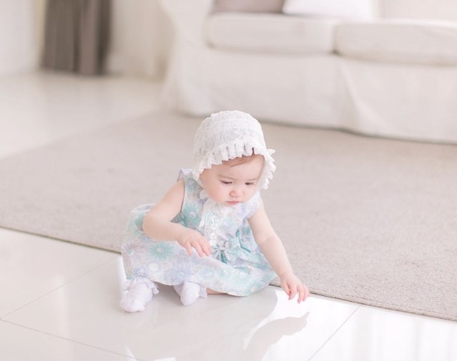 ジャスミン ドレス ブルマ ベビー ドレス 水色 グリーン 花柄 オーガンジー 出産祝い プレゼント 子供服 ベビー服 インポート女の子 レースドレス ワンピース Monabebe