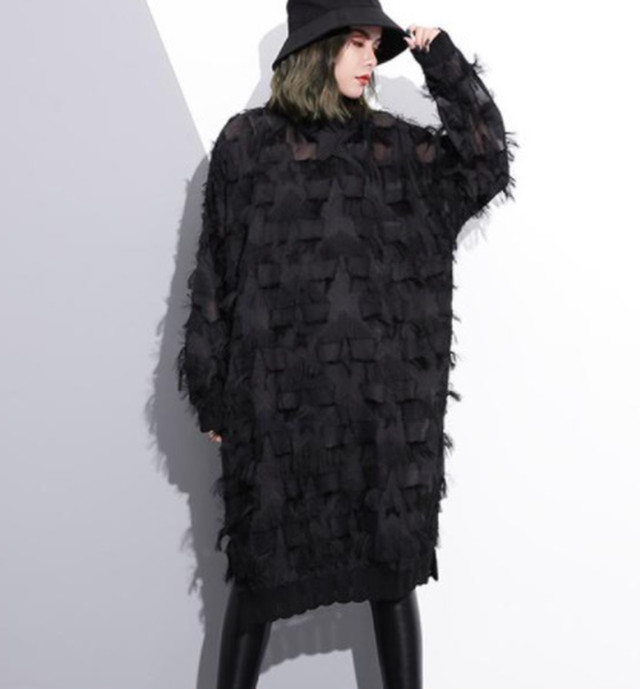 Top Mode ワンピース フェザーニット ロングワンピース レース ロングワンピ レディース バルーン 黒 ブラック モード系 ゴシック 韓国 原宿系 個性的 ビッグシルエット ニッチ ハイストリート ゆったり ブラック 黒 オーバーサイズ 個性的 代 30代 きれいめ モダン 春