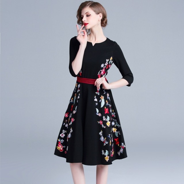 花柄 刺繍 ワンピース ドレス 袖あり 上品 ボヘミアン ウエストマーク Aライン ミモレ丈 パーティー お呼ばれ Fashionlover