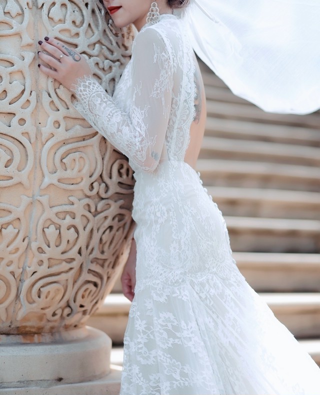 ウェディングドレス ハイネック マーメイド レース 長袖 レトロ 総レース N E Wedding