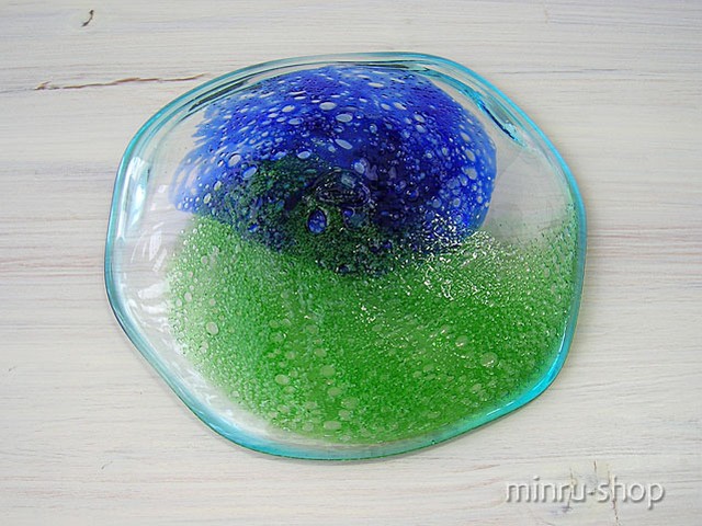 琉球ガラス お皿 夏色のおしゃれなお皿 中 青緑泡 口巻 ３ 琉球ガラス販売 みんるー商店 Minrustores