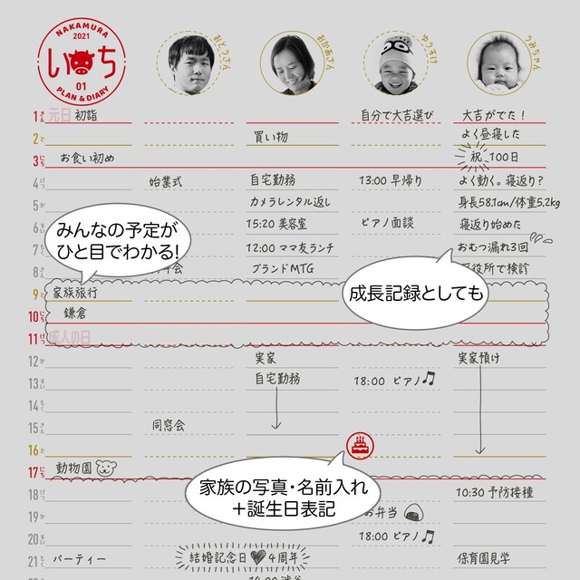 写真入り 家族カレンダー 日記 21年 Omoideis