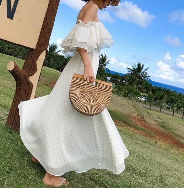 夏新作 オフショルダー マキシワンピース フリル襟 リゾートワンピース ロングスカート レディース J Aeka Clothet