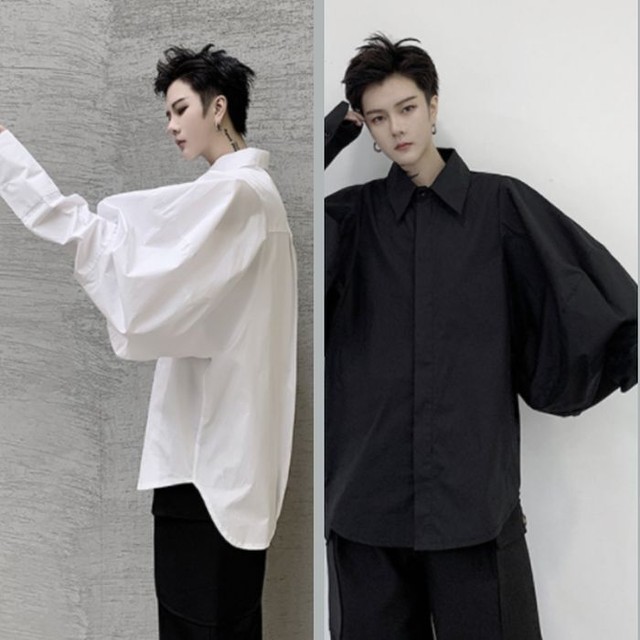 バブルスリーブ 長袖シャツ ブラウス ビッグスリーブ バルーンスリーブ ワイドスリーブ オーバーサイズ ルーズフィット 無地 ブラック 黒 ホワイト 白 メンズ レディース ユニセックス 韓国 モード 襟付き お支払い後日以内に発送 Top172 Garcons