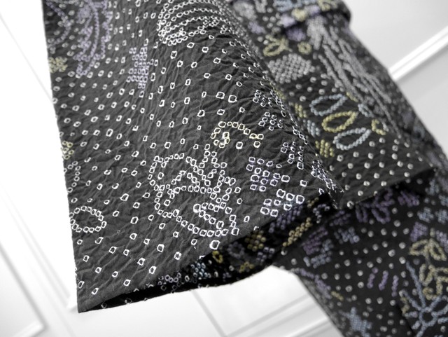 有松鳴海絞り浴衣 ワイド 黒地大人メルヘン楽器弾く人 0151 Kimono Tento