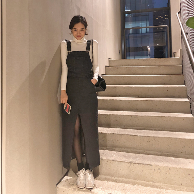 ジャンパースカート スリット入り ワンピース カジュアル ロング丈 春 夏a552 Bshop