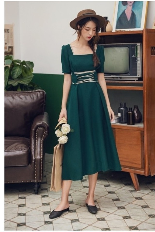 フェミニン ワンピース 春服 春ワンピース パーティードレス レディース ワンピース ミモレ丈 ハイウエスト 半袖 レースアップ お呼ばれ Basecamp49