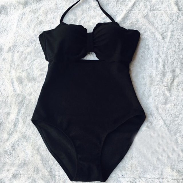 今季大人気 スカラップ デザイン バンドゥ ビキニワンピース 黒 体型カバー セクシー水着 Rondorire ロンドリール