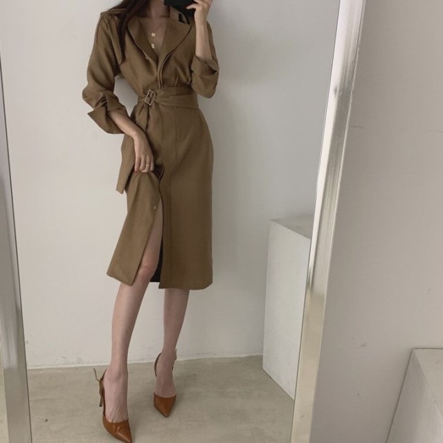 ワンピース ウエストマーク 秋服 レディース ラップワンピース 韓国 ファッション レディース 秋 長袖 セクシー スリット 2way べルト付き ひざしたワンピース ブラウン ベージュ 黒 白 4カラー シャツワンピース ゆったり ワンピ 大人可愛い Vestito