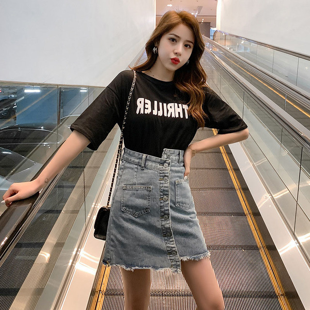 ドレス女性のツーピーススーツ夏の半袖ファッションtシャツデニムスーツのスカートは薄い不規則なaラインスカートでした サマー 夏物 レディース 送料無料 レディース 韓国ファッション 直輸入通販 セクシーワンピース クールカジュアル 全品送料無料 Ukky Franky