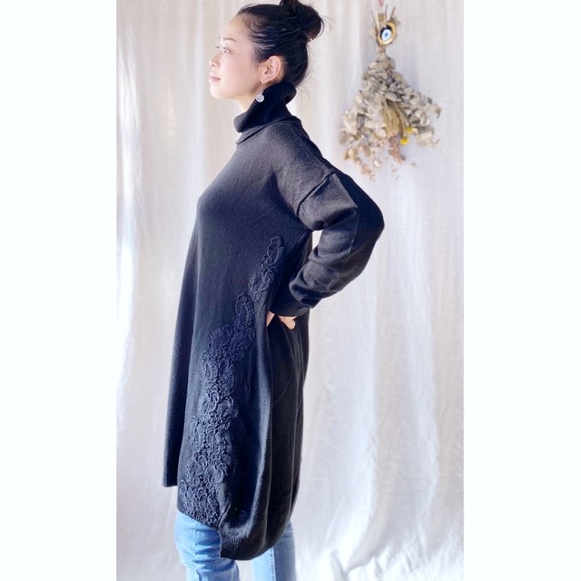 Paisley Embroidery Lace Knit Dress Tunicオーバーサイズ タートルネック ニット チュニック ワンピース Black Amra