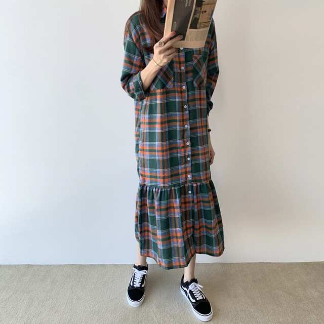 シャツワンピース チェック ワンピ 人気 大人 カジュアル 韓国 春 夏 ロング丈a477 Bshop
