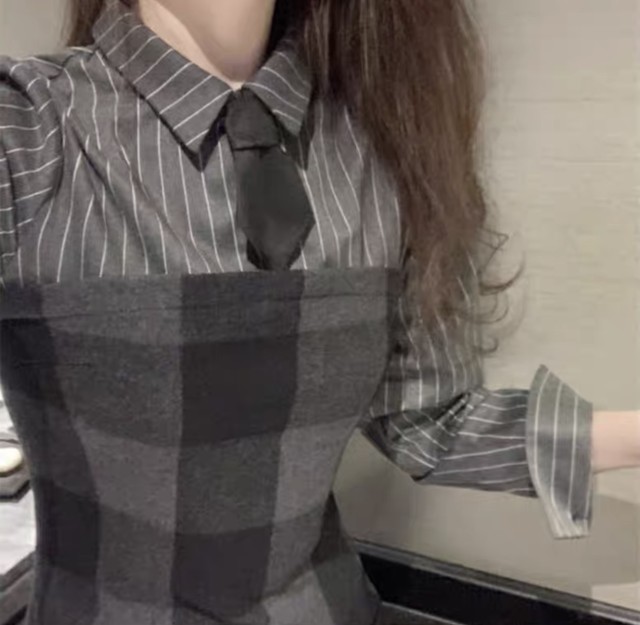 031 レディースファッション ミニワンピース バイカラーワンピース チェック柄 ネクタイ フレンチスタイル 秋冬コーデ 新作 More Lluze モア ルーゼ