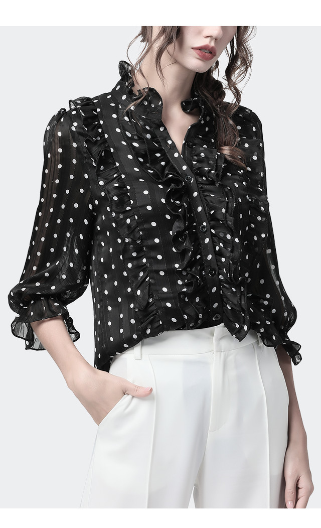 シースルー ドット フリルブラウス シースルードットブラウス 長袖 ベルスリーブ シンプル 上品 オフィス 通勤 Evergreen