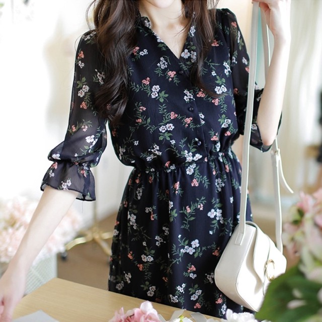春 夏 ワンピース 花柄 シフォンワンピース 韓国 ファッション レディース 夏服 シースルーワンピース ボタン Vネック 膝上 ミニワンピース 半袖 シャーリング フリル 春夏 ワンピース Vestito