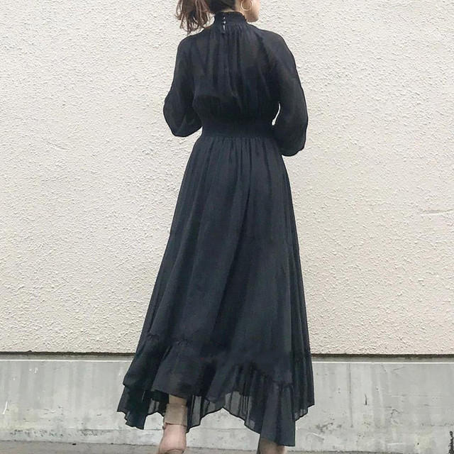 春 夏 くすみカラー 代 30代 40代 ロングワンピース フレアスカート 無地 ブラック ハイウエスト 長袖 Rb R3 06 Sk03 0001 Redbell