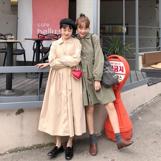 ロングorショート トレンチコート ワンピース きちんと 双子コーデにも 着回し シンプル 一枚でok コートドレス 前開き トレンド 通学 ゆったり ふんわりシルエット 2色展開 Petitefleur