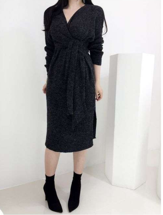 ニットワンピース 冬ワンピース Vネック ロング丈 ニット セーター 体形カバー ドレス 無地 柔らかい ニットワンピ Kirihara