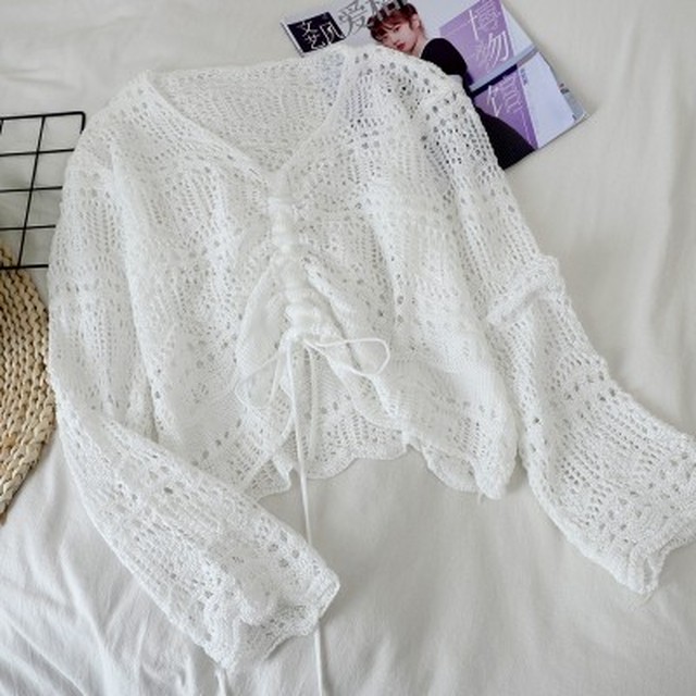 かぎ編みサマーニット シャーリング 長袖 ルーズ フェミニンスタイル ｖネックカットソー 春夏 可愛い 韓国ファッション レイヤード K033 Shopmall To You