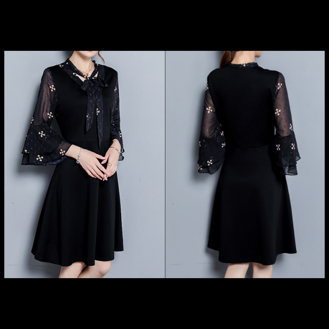 秋服 春秋 レトロ 花柄 ワンピース 長袖 ボリューム袖 フレアスカート フレアワンピ リボン タイ ブラック スリム レディース 韓国 ファッション C0071 Aeka Clothet