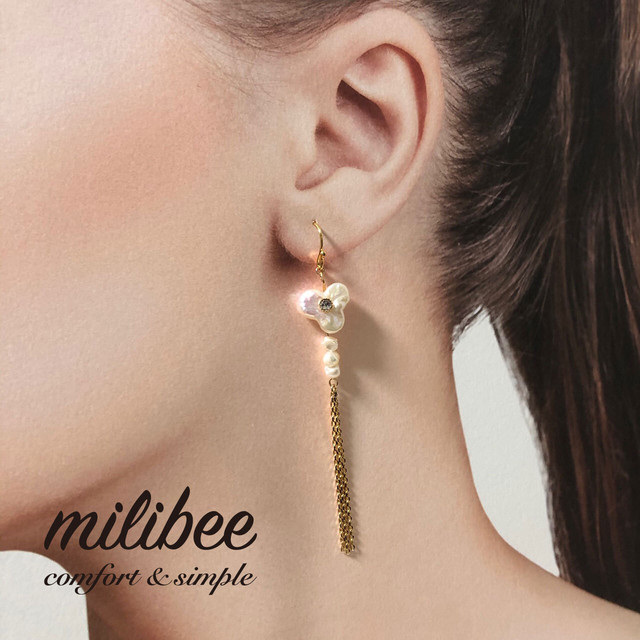 幸運の三つ葉 三つ玉真珠ピアス 淡水パール Milibee 幸運の三つ葉 三つ玉真珠ピアス 淡水パール Milibee