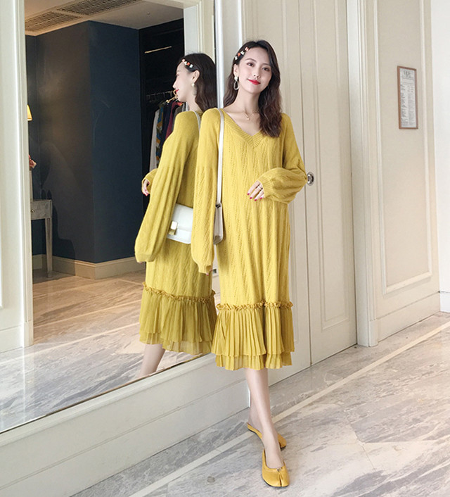 シフォン裾 ニットワンピース マタニティ 長袖 柄編み ロング丈 Vネック ラグランスリーブ 秋冬 ブルー イエロー マタニティーワンピース専門店 Ninpuku