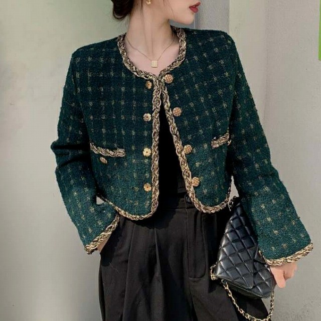 ノーカラージャケット レディース コート アウター カーディガン ショート丈 長袖 千鳥格子 ラウンドネック 二次会 ウール カジュアル きれいめ 大人 秋冬 ワンピの里