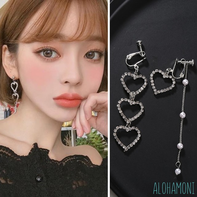 013 ハート ドロップ アシンメトリー ハートモチーフ 左右非対称 ピアス イヤリング ゴールド シルバー 韓国 オルチャン シルバー925 チェーンピアス 金属アレルギー イヤリングxシルバー Alohamoni