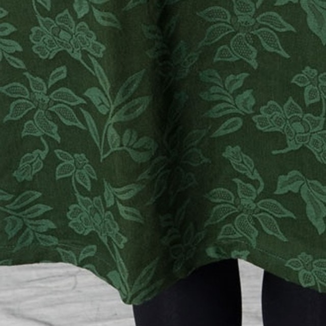 L ボタニカル柄 かわいい Aライン ワンピース 黒 緑 長袖 花柄 切替 ひざ丈 ゆったり レディース 大きいサイズ 秋冬 Yamazon