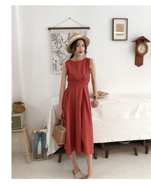 ハーレムリリー 大人なリゾートワンピ ウエストリボンロングワンピース ワンピース ノースリーブ ダークブルー エンジ モノトーン シック 夏 ガーリー 大人 上品 ウエストリボン Sugar Daystyle シュガーデイスタイル