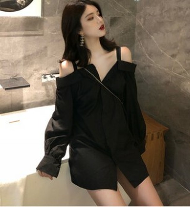 秋 冬 レディース ワンピース 大きいサイズ 2色 肩見せ オフショル 長袖 シャツ 襟付き ミニ丈 襟付きワンピース シャツワンピース ミニワンピース オフショルワンピース おしゃれ かわいい 韓国 きれいめ プチプラ Sy 8 300 Dress Sugar Moon