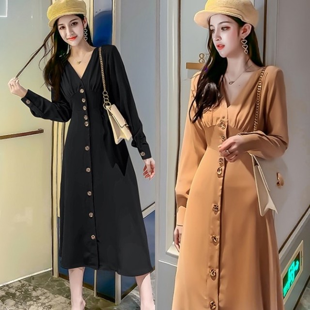 ワンピース ロング 秋冬 レトロ Vネック ノーカラー ロングワンピース 秋服 レディース 韓国 ファッション ボタン フレア ワンピース 前ボタン ハイウエスト ワンピ オルチャン ファッション 韓国ワンピース ベージュ 黒 Vestito