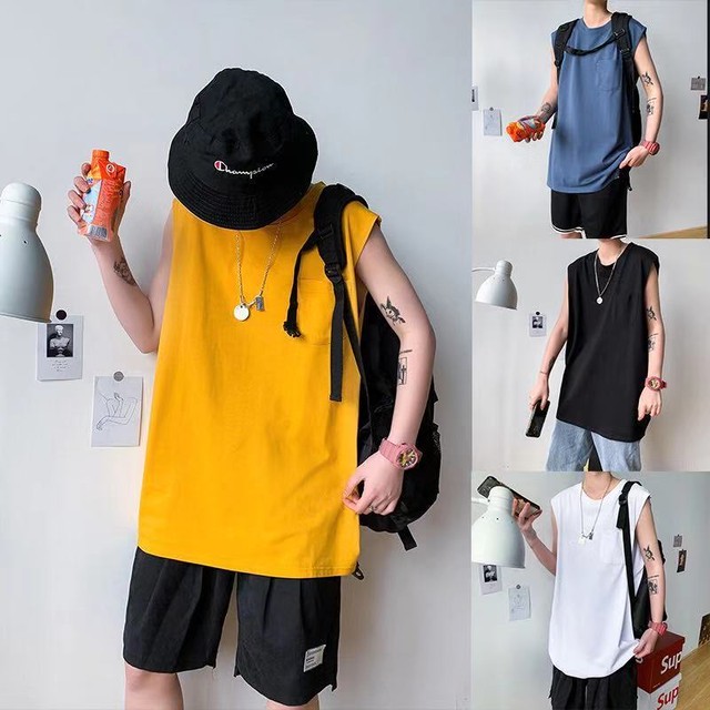 予約販売 ビックシルエット ノースリーブ Tシャツ ポケット付 メンズ 無地 マスタード ゆったりシルエット サイズ感 夏 無地tシャツ 専門店 Sora