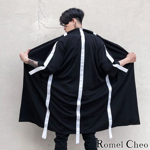 Romelcheo モノクロ ライン カーディガン コート コーディガン 5分袖 半袖 メンズ 黒 ストリート カジュアル モード系 V系 春 夏 秋 服 バイカラー スタンドカラー ロング アウター おしゃれ カッコいい モダン 和風 ロメルチェオ Romelcheo