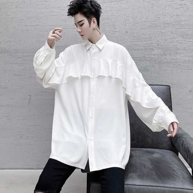 デザインシャツ ブラウス フリル袖 フリル オーバーサイズ ルーズフィット 無地 ホワイト 白 韓国 メンズ レディース ユニセックス シック モード エレガント お支払い後日以内に発送 Top400 Garcons