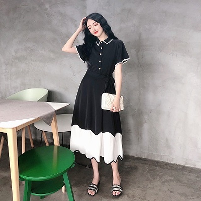 ワンピース 襟付き レトロ Aライン シフォン ブラック ホワイト ツートン バイカラー モノトーン ボタン 半袖 フリル ウエストマーク プチプラレディースファッション通販 Yboueki