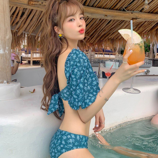 オルチャン レディース 二の腕カバー 水着 ハイウエストビキニ タンキニ スイムウェア シフォン 花柄 かわいい B Command コマンドプラス