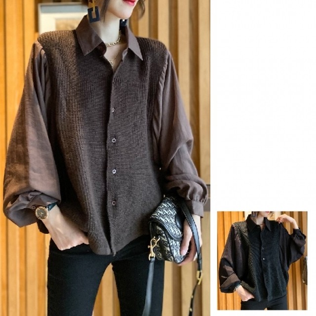 レディース シャツ ニットカーディガン パフスリーブ ボリューム袖 エレガント 上品 秋 長袖 ビジネス オフィス カジュアル ゆったり 大きめ ニット Hr471 Raxia ラクシア