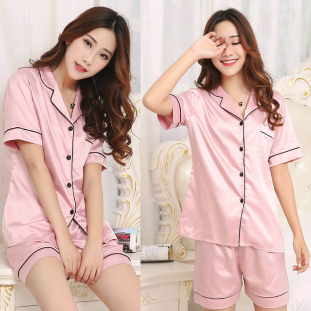 半袖 短パン 半ズボン サテンパジャマ レディース 上下セット ルームウェア 前開き 寝間着 大人 かわいい 全5色 ネイビー ピンク 紺 メール便 女子 Rf Style