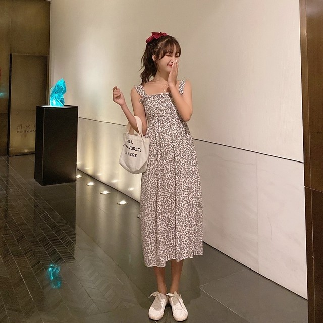 送料無料 花柄シャーリングワンピース ノースリーブ 花柄 ふんわり 体系カバー デート 大人可愛い 夏 Sunrise0911