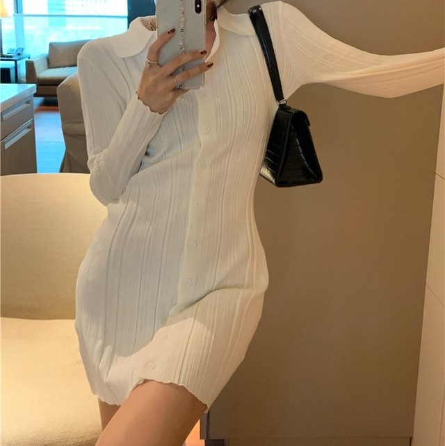 レディース ワンピース 秋 冬 シャツカラーニットワンピース 長袖 シャツカラー フロントボタン ミニ丈 ミニワンピース 透け感 大人カジュアル フェミニン きれいめカジュアル カジュアル 秋冬 ホワイト フリーサイズ Ukiukionepicec