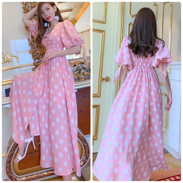 水玉 ワンピース ドット ピンク マキシ ドレス シフォン ロング エレガント Loveysmileshop