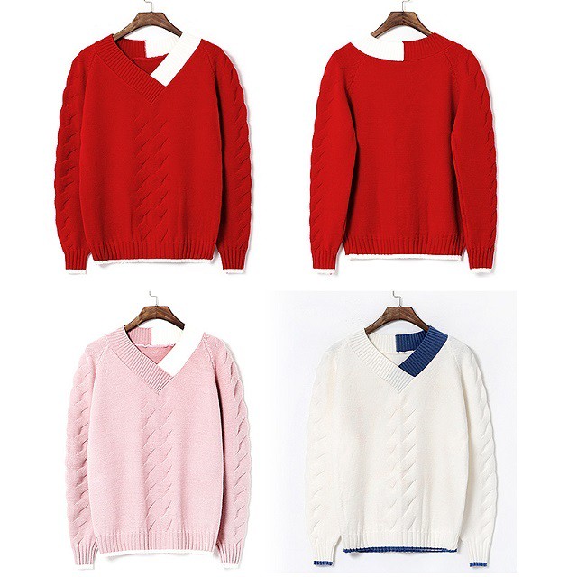 バイカラー アシンメトリー Vネック ニット 長袖 セーター プルオーバー 秋服 冬服 春服 春ニット レディース トップス フェミニン 韓国 ファッション A0241 Aeka Clothet