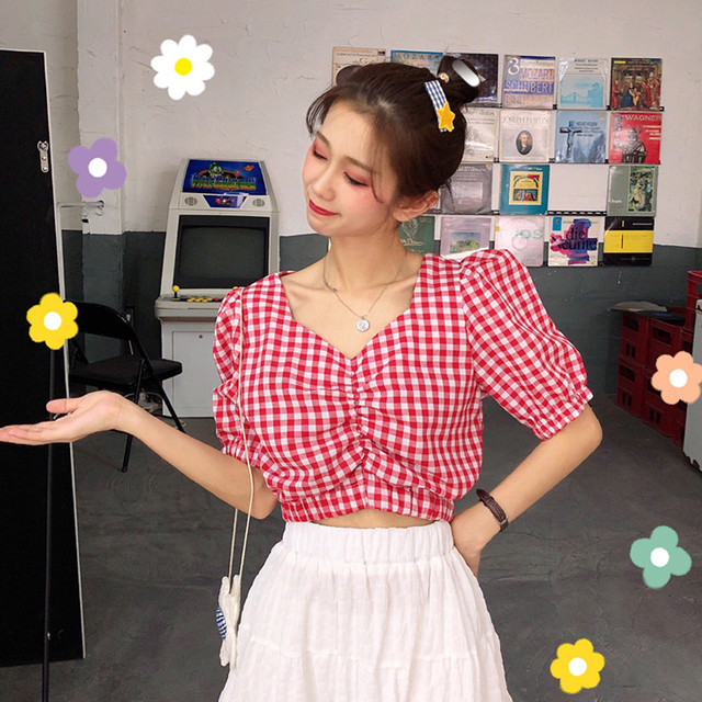 映えコーデに ギンガムチェック トップス ショート丈 半袖 パフスリーブ ガーリー フェミニン 可愛い ブラウス Shop Suba