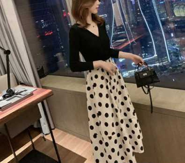 セットアップ レディース ニット トップス スカート ボトムス 2点セット Vネック 大きいサイズ 黒 ドット柄 長袖 春 秋 冬 きれいめ Lalas