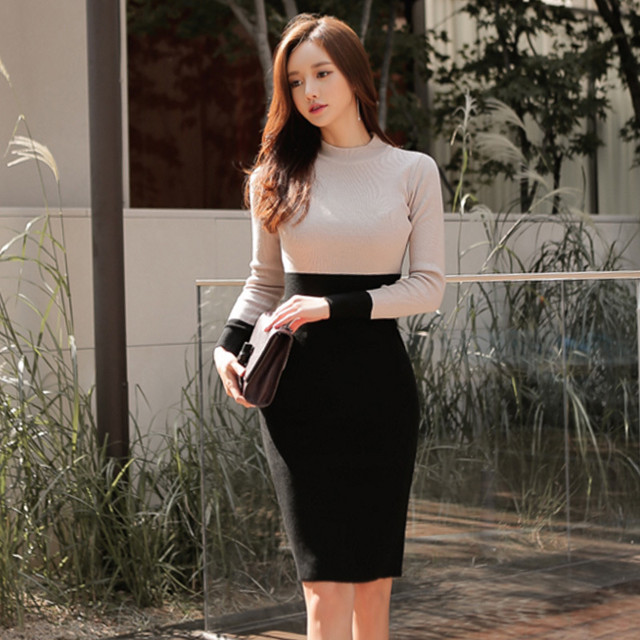 送料無料 ハイネック バイカラー ワンピース タイト 長袖 ひざ丈 トレンド 流行 女子会 お食事会 秋冬 ａ609 La Vie En Rose