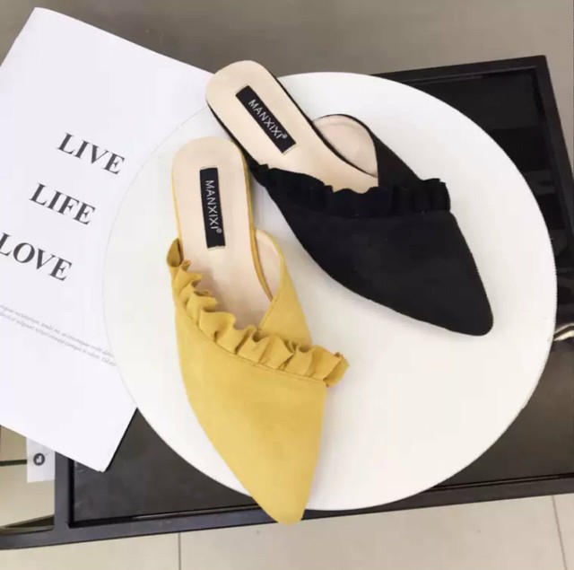 フリル付きフラットミュール レディース 靴 サンダル ミュール ローヒール フラット フラットシューズ パンプス オシャレ お出かけ デート ポインテッドトゥ アニマル柄 パイソン レオパード 無地 総柄 大人 カジュアル エレガント つっかけ 30 Sayurio レディース