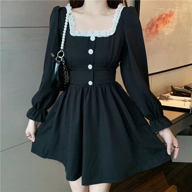 スクエアレースop レース ワンピース 長袖 秋 量産型 地雷 原宿 リボン ロリータ ガーリー ジャニーズ パンク 英国 Princesshyatt 量産型地雷系原宿系パンクストリートブラック韓国系厚底リュック